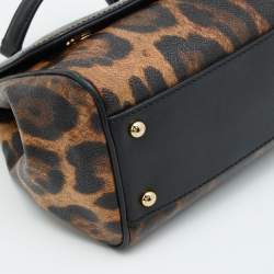 Pre Owned Dolce & Gabbana Brown/Black Leopard Print Coated Canvas and Leather Medium Miss Sicily Top Handle Bag
