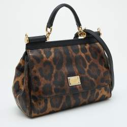 Pre Owned Dolce & Gabbana Brown/Black Leopard Print Coated Canvas and Leather Medium Miss Sicily Top Handle Bag