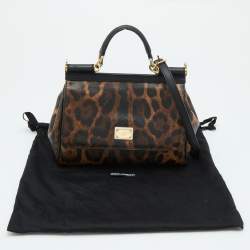 Pre Owned Dolce & Gabbana Brown/Black Leopard Print Coated Canvas and Leather Medium Miss Sicily Top Handle Bag