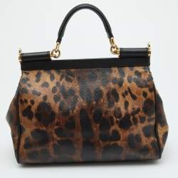 Pre Owned Dolce & Gabbana Brown/Black Leopard Print Coated Canvas and Leather Medium Miss Sicily Top Handle Bag