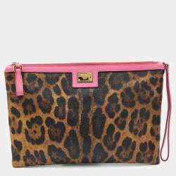 Pre Owned Dolce & Gabbana Brown/Pink Leopard Print Coated Canvas and Leather Wristlet Clutch