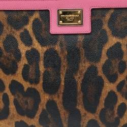 Pre Owned Dolce & Gabbana Brown/Pink Leopard Print Coated Canvas and Leather Wristlet Clutch