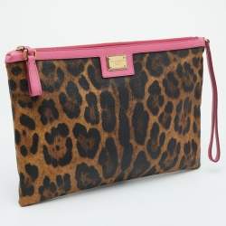 Pre Owned Dolce & Gabbana Brown/Pink Leopard Print Coated Canvas and Leather Wristlet Clutch