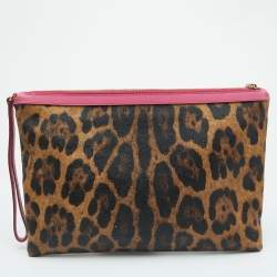 Pre Owned Dolce & Gabbana Brown/Pink Leopard Print Coated Canvas and Leather Wristlet Clutch
