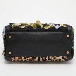 Pre Owned Dolce & Gabbana Multicolor Cross Stitch Fabric and Leather Padlock Top Handle Bag