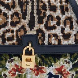 Pre Owned Dolce & Gabbana Multicolor Cross Stitch Fabric and Leather Padlock Top Handle Bag