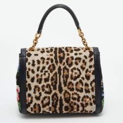 Pre Owned Dolce & Gabbana Multicolor Cross Stitch Fabric and Leather Padlock Top Handle Bag