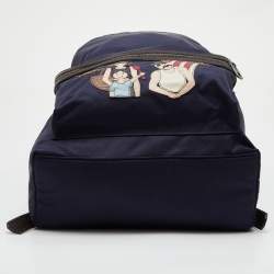 Pre Owned Dolce & Gabbana Navy Blue/Brown Nylon and Leather Printed Backpack