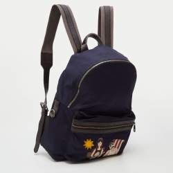 Pre Owned Dolce & Gabbana Navy Blue/Brown Nylon and Leather Printed Backpack