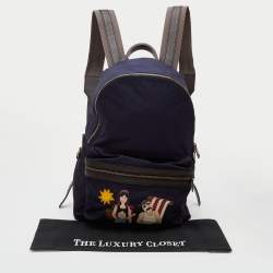 Pre Owned Dolce & Gabbana Navy Blue/Brown Nylon and Leather Printed Backpack