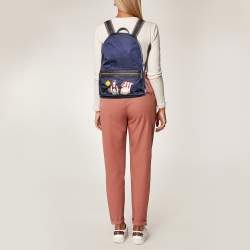 Pre Owned Dolce & Gabbana Navy Blue/Brown Nylon and Leather Printed Backpack