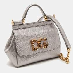 Pre Owned Dolce & Gabbana Silver Leather Mini Crystal and Spike DG Logo Miss Sicily Bag