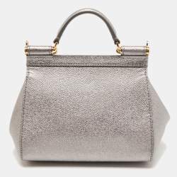 Pre Owned Dolce & Gabbana Silver Leather Mini Crystal and Spike DG Logo Miss Sicily Bag