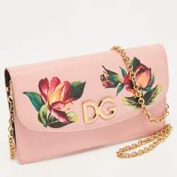 Pre Owned Dolce & Gabbana Pink Floral Print Leather DG Logo Chain Clutch