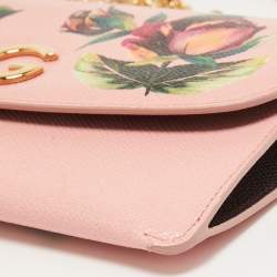 Pre Owned Dolce & Gabbana Pink Floral Print Leather DG Logo Chain Clutch