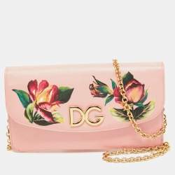 Pre Owned Dolce & Gabbana Pink Floral Print Leather DG Logo Chain Clutch