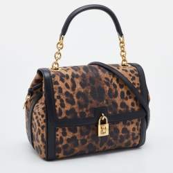 Pre Owned Dolce & Gabbana Black/Brown Leopard Print Coated Canvas and Leather Padlock Top Handle Bag