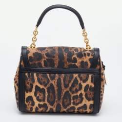 Pre Owned Dolce & Gabbana Black/Brown Leopard Print Coated Canvas and Leather Padlock Top Handle Bag