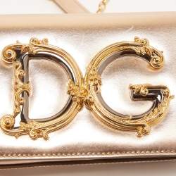 Pre Owned Dolce & Gabbana Gold Leather Small DG Girls Shoulder Bag
