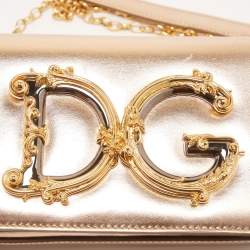 Pre Owned Dolce & Gabbana Gold Leather Small DG Girls Shoulder Bag