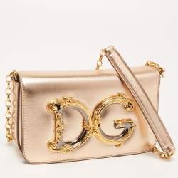 Pre Owned Dolce & Gabbana Gold Leather Small DG Girls Shoulder Bag