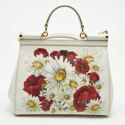 Pre Owned Dolce & Gabbana White Floral Print Leather Medium Miss Sicily Top Handle Bag