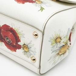 Pre Owned Dolce & Gabbana White Floral Print Leather Medium Miss Sicily Top Handle Bag