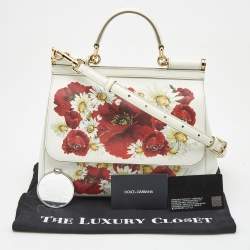 Pre Owned Dolce & Gabbana White Floral Print Leather Medium Miss Sicily Top Handle Bag