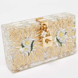 Pre Owned Dolce & Gabbana Gold/Clear Daisy Print Plexiglass Box Clutch