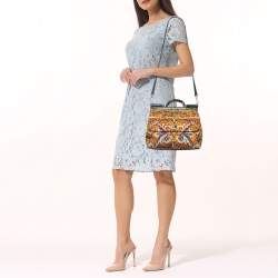 Pre Owned Dolce & Gabbana Multicolor Printed Canvas and Watersnake Leather Large Miss Sicily Top Handle Bag