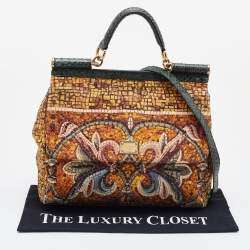 Pre Owned Dolce & Gabbana Multicolor Printed Canvas and Watersnake Leather Large Miss Sicily Top Handle Bag