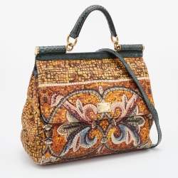 Pre Owned Dolce & Gabbana Multicolor Printed Canvas and Watersnake Leather Large Miss Sicily Top Handle Bag