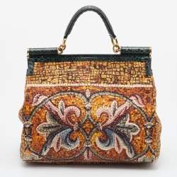 Pre Owned Dolce & Gabbana Multicolor Printed Canvas and Watersnake Leather Large Miss Sicily Top Handle Bag