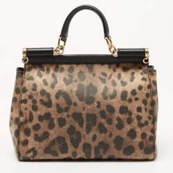 Pre Owned Dolce & Gabbana Black/Brown Leopard Print Coated Canvas and Leather Medium Miss Sicily Top Handle Bag