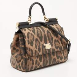 Pre Owned Dolce & Gabbana Black/Brown Leopard Print Coated Canvas and Leather Medium Miss Sicily Top Handle Bag
