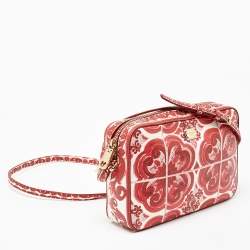 Pre Owned Dolce & Gabbana Red Majolica Print Leather Zip Camera Crossbody Bag
