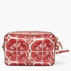Pre Owned Dolce & Gabbana Red Majolica Print Leather Zip Camera Crossbody Bag