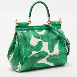 Pre Owned Dolce & Gabbana Green Banana Leaf Print Leather Small Miss Sicily Top Handle Bag