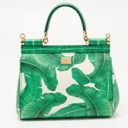 Pre Owned Dolce & Gabbana Green Banana Leaf Print Leather Small Miss Sicily Top Handle Bag