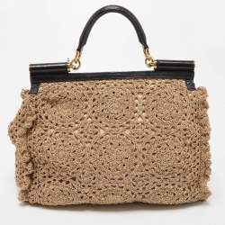 Pre Owned Dolce & Gabbana Gold Crochet Lurex Fabric Large Miss Sicily Top Handle Bag