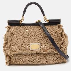 Pre Owned Dolce & Gabbana Gold Crochet Lurex Fabric Large Miss Sicily Top Handle Bag