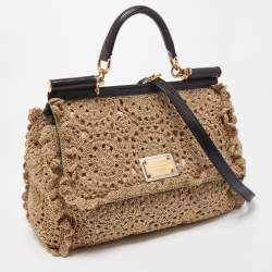 Pre Owned Dolce & Gabbana Gold Crochet Lurex Fabric Large Miss Sicily Top Handle Bag