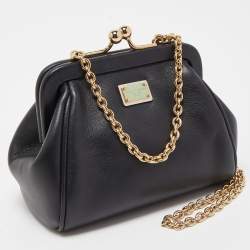 Pre Owned Dolce & Gabana Black Leather Kiss Lock Frame Chain Clutch