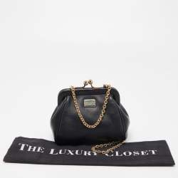 Pre Owned Dolce & Gabana Black Leather Kiss Lock Frame Chain Clutch