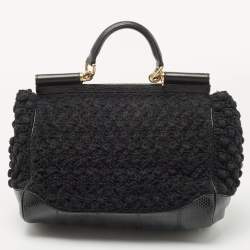 Pre Owned Dolce & Gabbana Black Crochet Fabric and Watersnake Large Miss Sicily Top Handle Bag