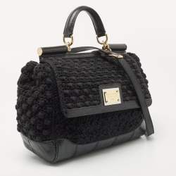 Pre Owned Dolce & Gabbana Black Crochet Fabric and Watersnake Large Miss Sicily Top Handle Bag
