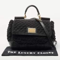 Pre Owned Dolce & Gabbana Black Crochet Fabric and Watersnake Large Miss Sicily Top Handle Bag