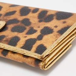 مملوكة مسبقًا Dolce & Gabbana Gold/Brown Leopard Print Coated Canvas and Laminated Leather Bow Flap Wallet