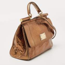 Pre Owned Dolce & Gabbana Bronze Python Leather Large Miss Sicily Top Handle Bag