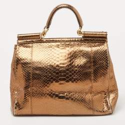 Pre Owned Dolce & Gabbana Bronze Python Leather Large Miss Sicily Top Handle Bag